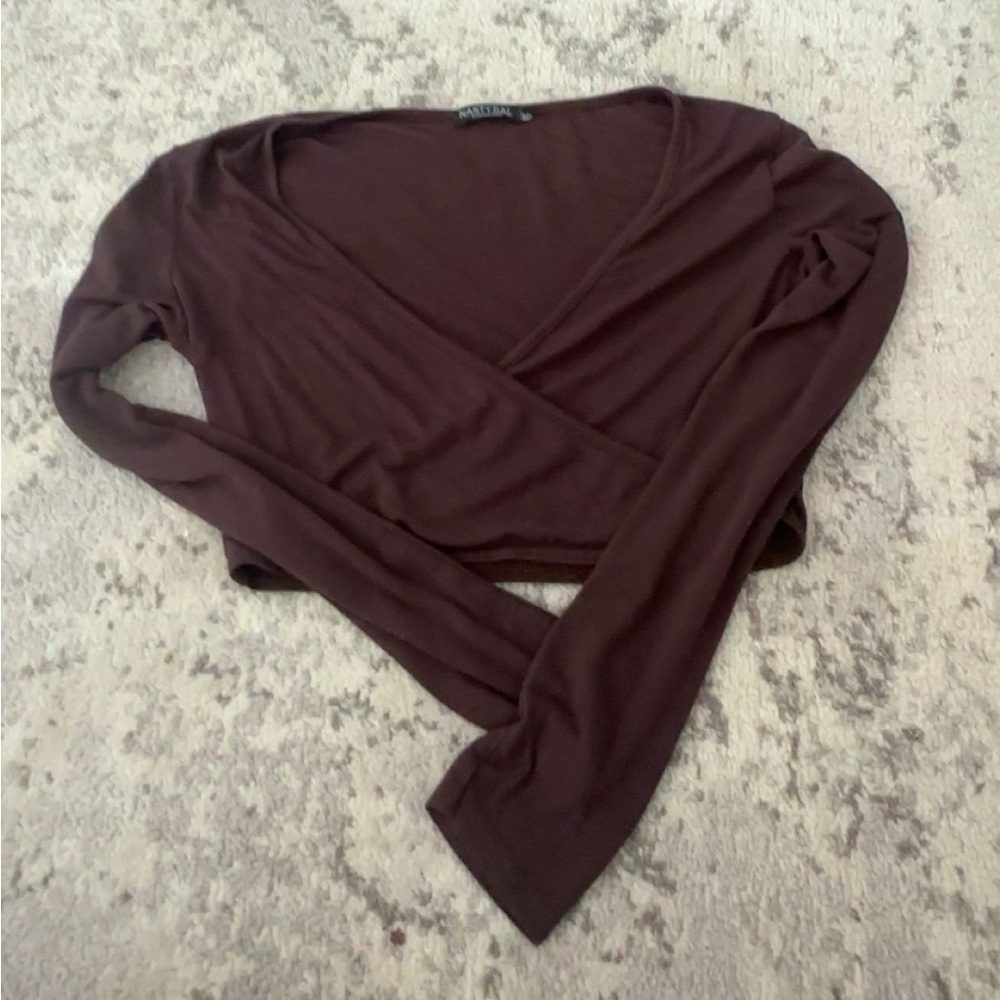 nasty gal brown long sleeve cross over shirt size 2